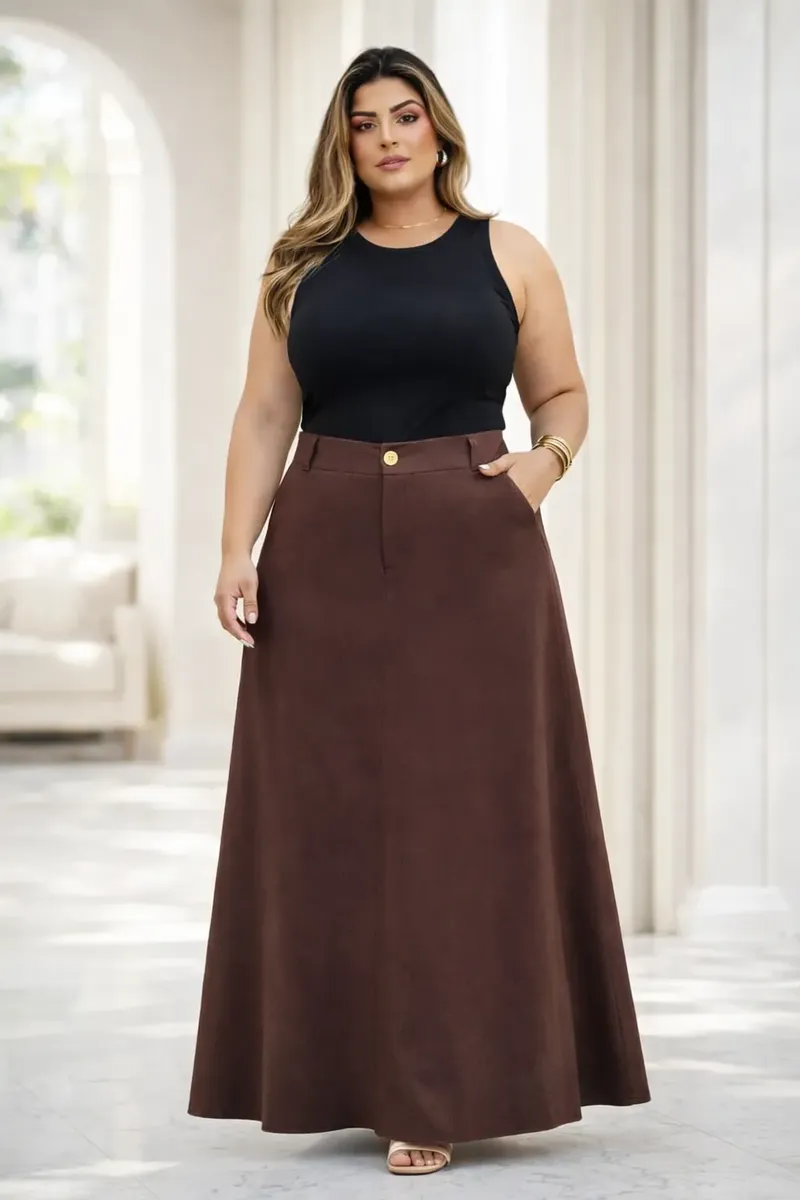 Saia Alfaiataria Plus Size Rodada Evasê